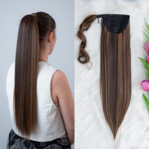 Smeđa s bakrenim pramenovima │Ravna │75cm│ Rep na čičak trakicu